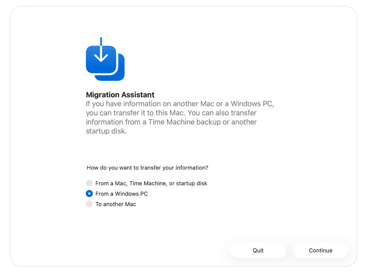 Macで転送するデータのカテゴリを選択して「続ける」